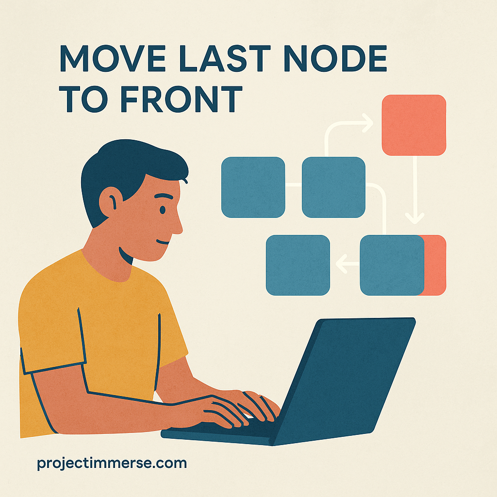 Flat illustration of a programmer at a laptop with colorful linked list nodes, showing the last node being moved to the front