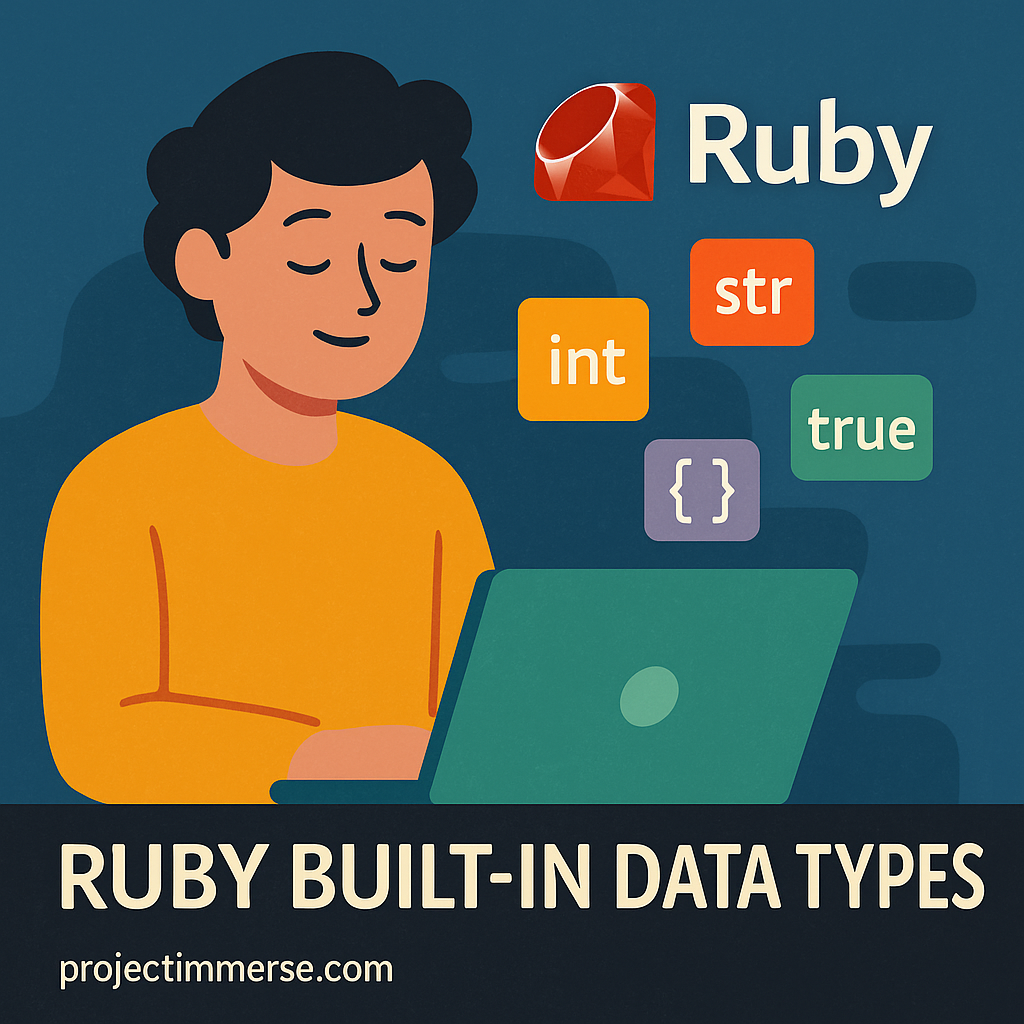 Flat illustration of a developer coding in Ruby with floating data type labels and Ruby logo on a blue background.
