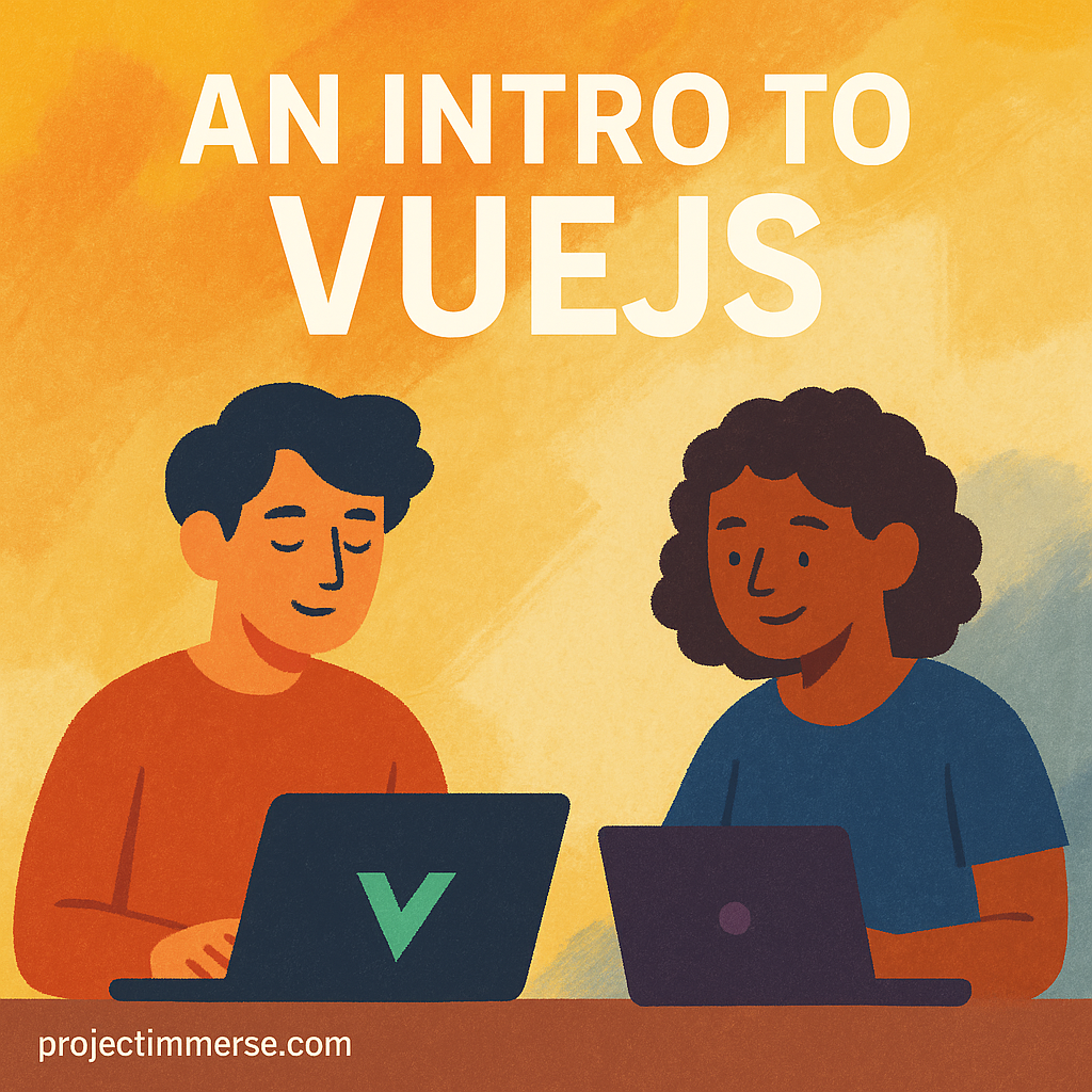 Flat painterly illustration of two developers with laptops under the heading An Intro to VueJS