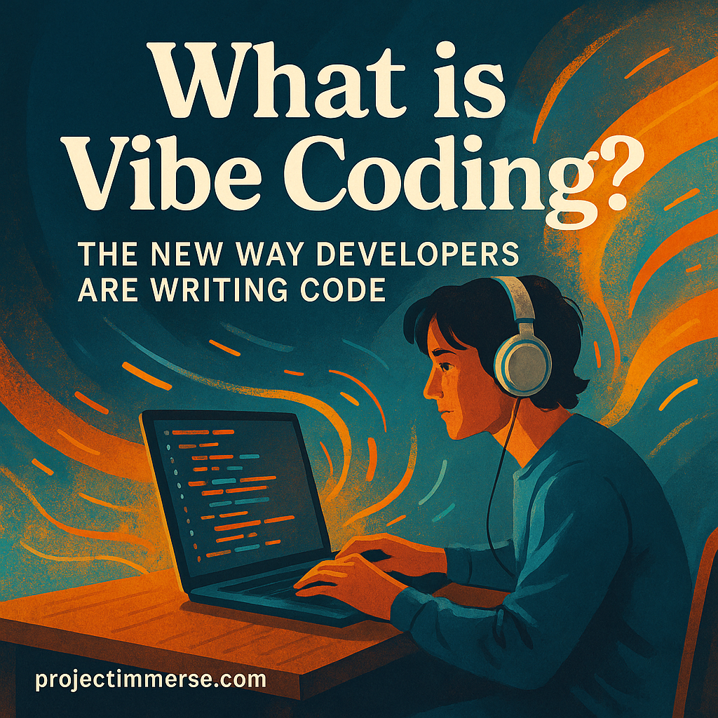 Developer in flow state practicing vibe coding with laptop, headphones, and creative code energy