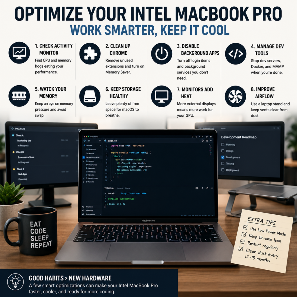 Intel MacBook Pro optimization tips for web development, including Chrome cleanup, background apps, memory, monitors, and airflow