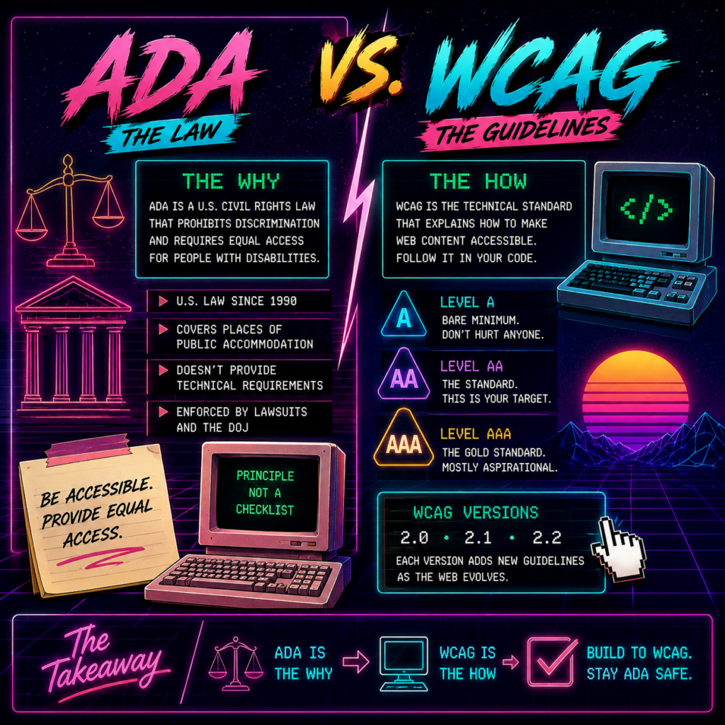 ADA vs. WCAG infographic comparing ADA accessibility law with WCAG technical web accessibility guidelines