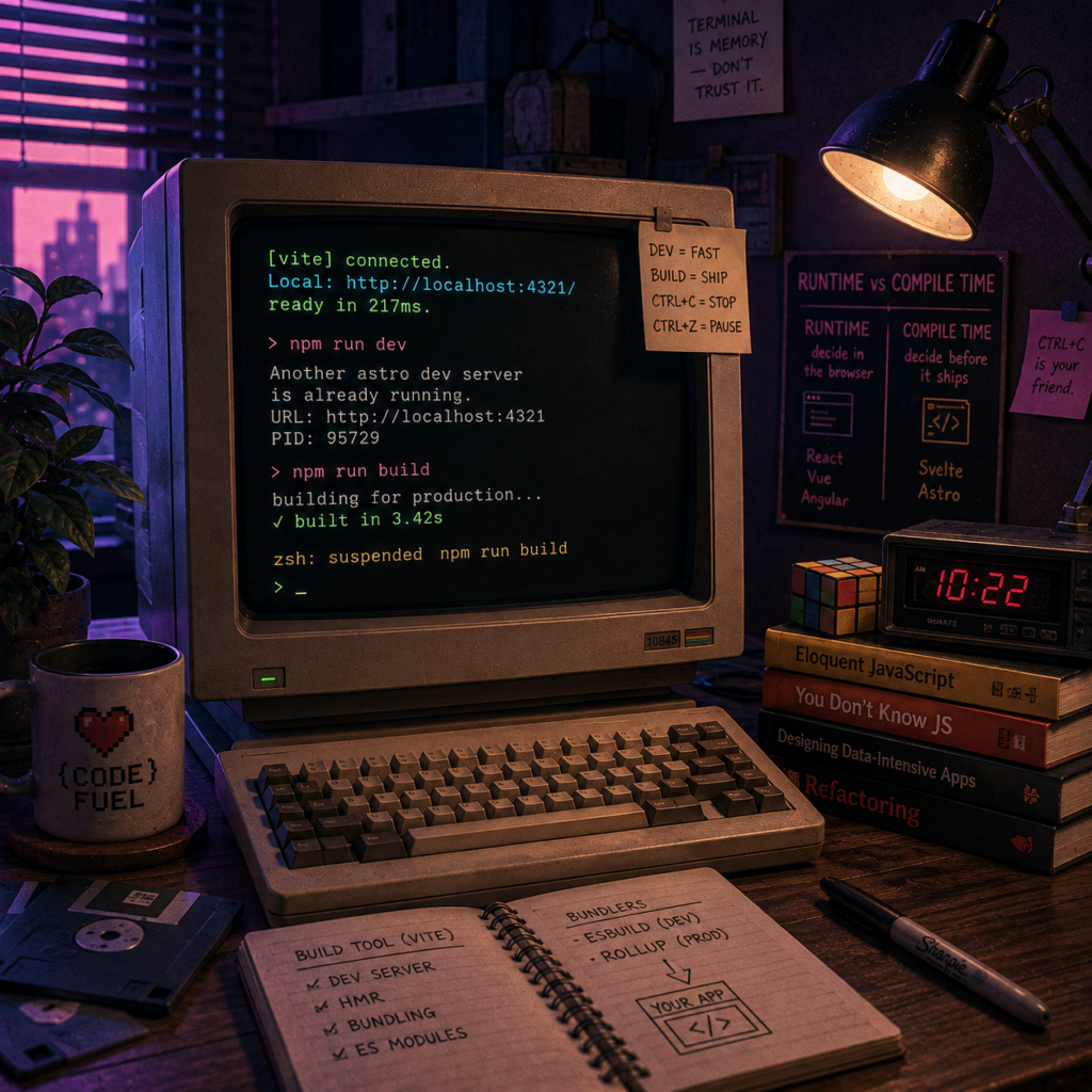 Retro developer terminal showing Astro and Vite dev server commands, build processes, and compile-time concepts