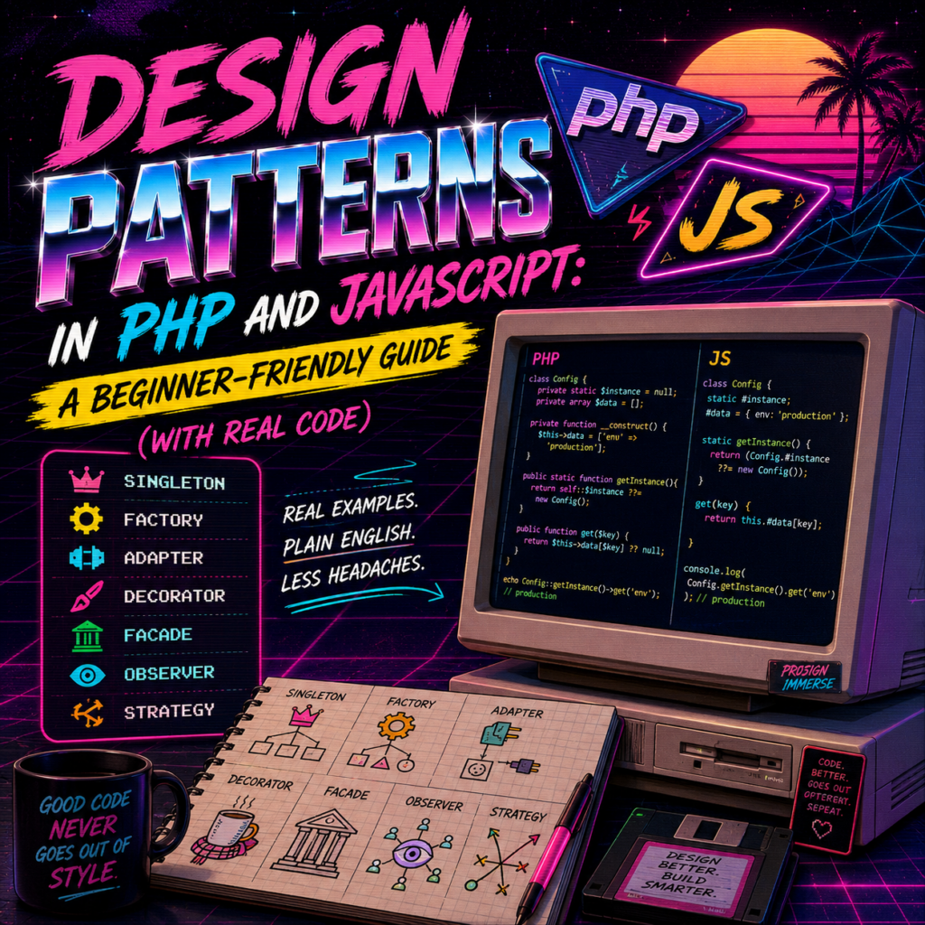 Illustration showing PHP and JavaScript design patterns with real code examples including Singleton, Factory, Adapter, Decorator, Facade, Observer, and Strategy.