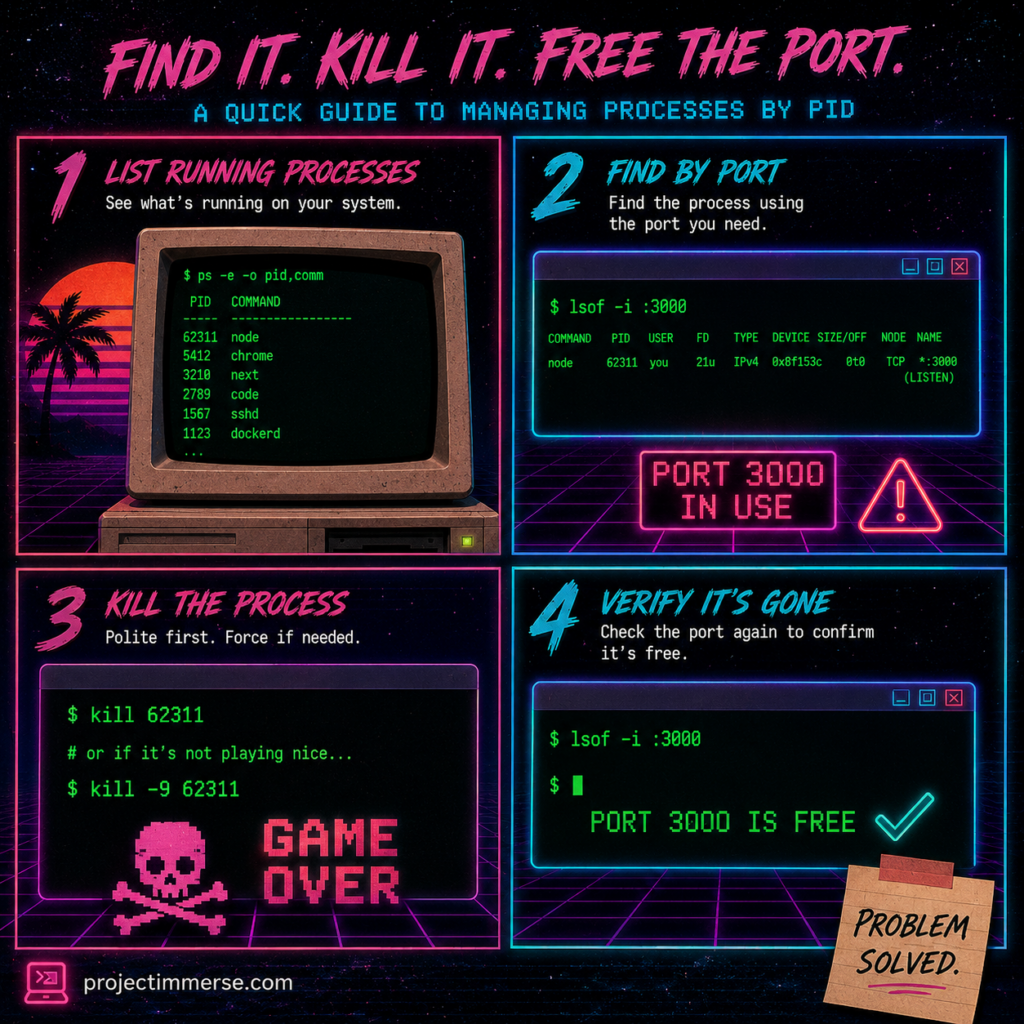 How to find and kill a process by PID and free port 3000
