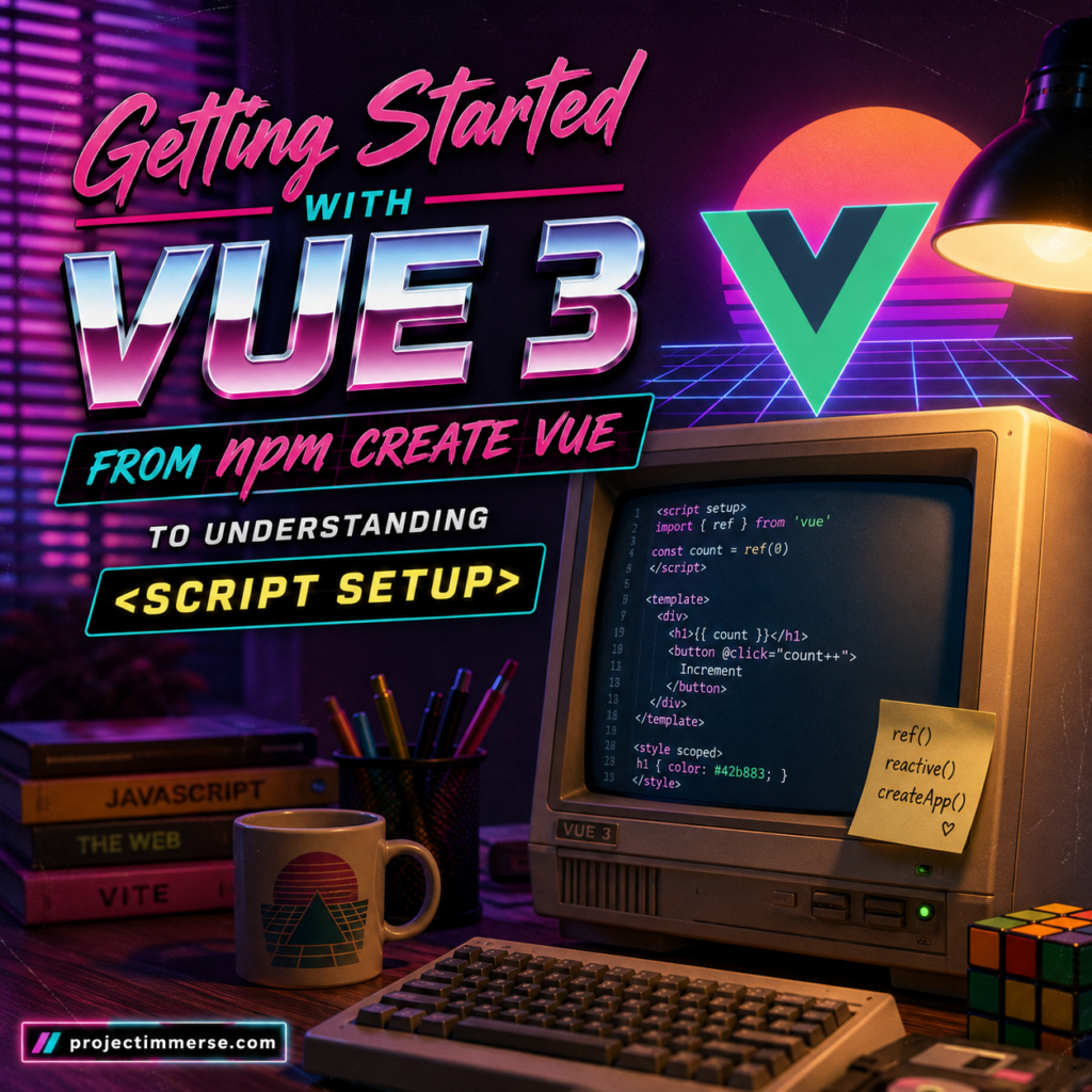 Getting Started with Vue 3 tutorial covering npm create vue and script setup