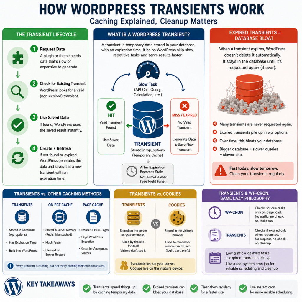 Infographic showing the WordPress transient lifecycle, cache hit and miss process, expiration behavior, database bloat, and comparisons with object caching, page caching, cookies, and WP-Cron.