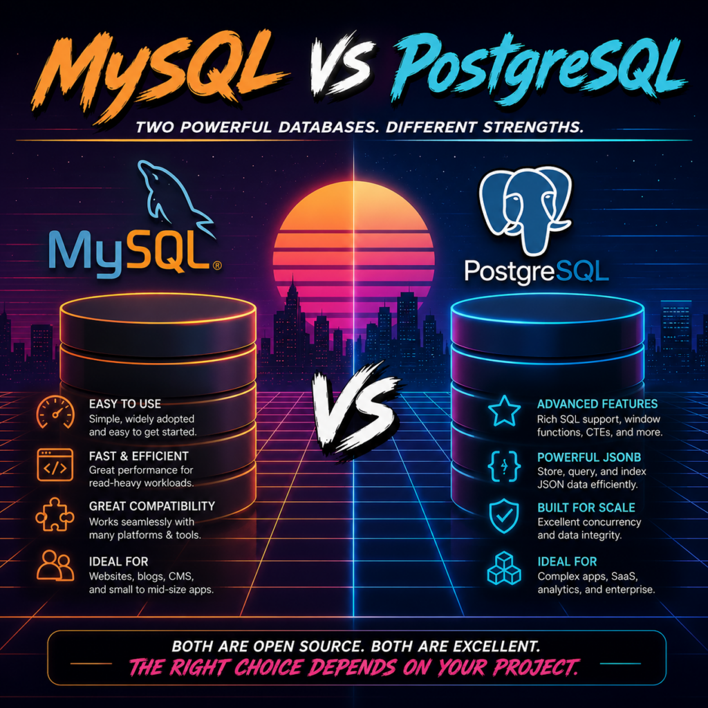 MySQL vs PostgreSQL comparison showing key features and differences