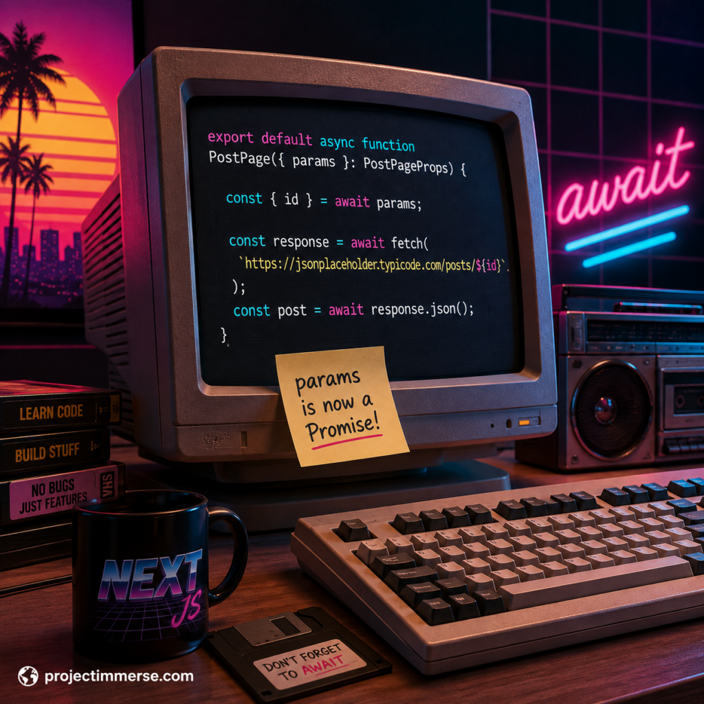 Retro computer displaying Next.js code using await with dynamic route params
