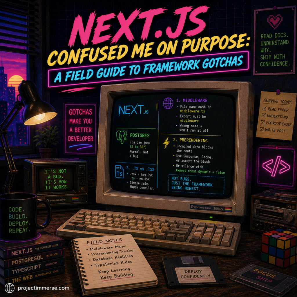 Retro developer workspace illustrating Next.js framework gotchas with middleware, prerendering, Postgres, and TypeScript