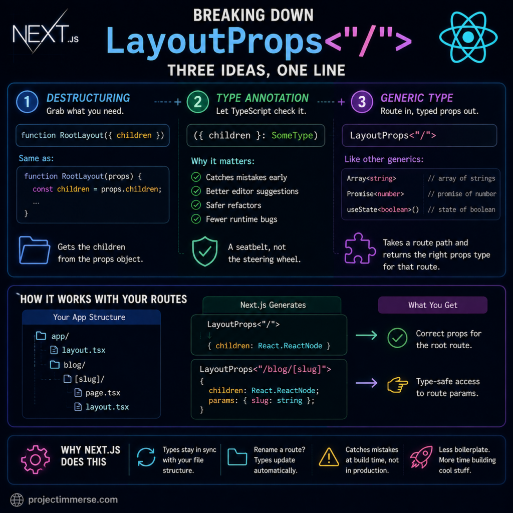 Next.js LayoutProps infographic explaining destructuring, TypeScript type annotations, generic types, and route-aware props.