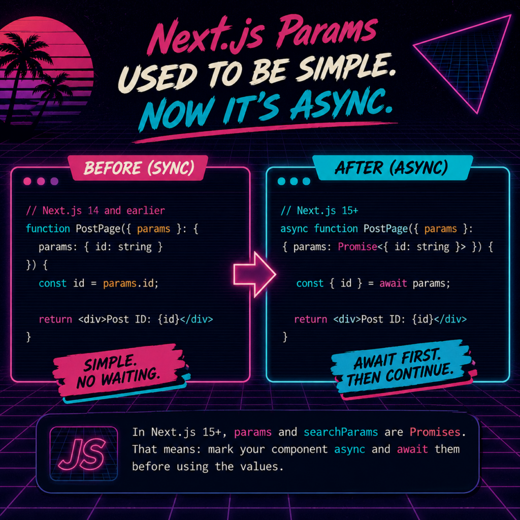 Next.js params comparison showing synchronous params before Next.js 15 and async Promise-based params in Next.js 15+
