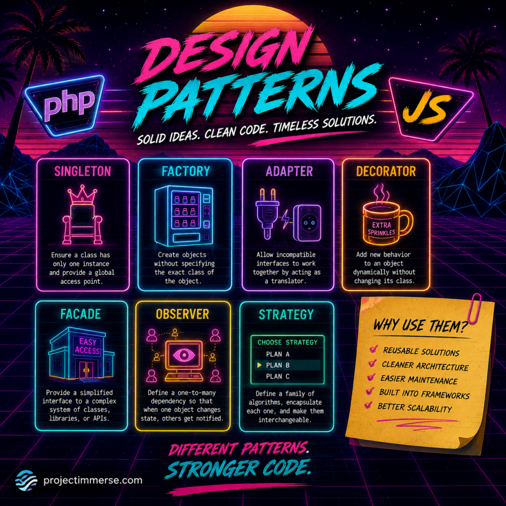 Infographic explaining PHP and JavaScript design patterns including Singleton, Factory, Adapter, Decorator, Facade, Observer, and Strategy with simple visual examples.