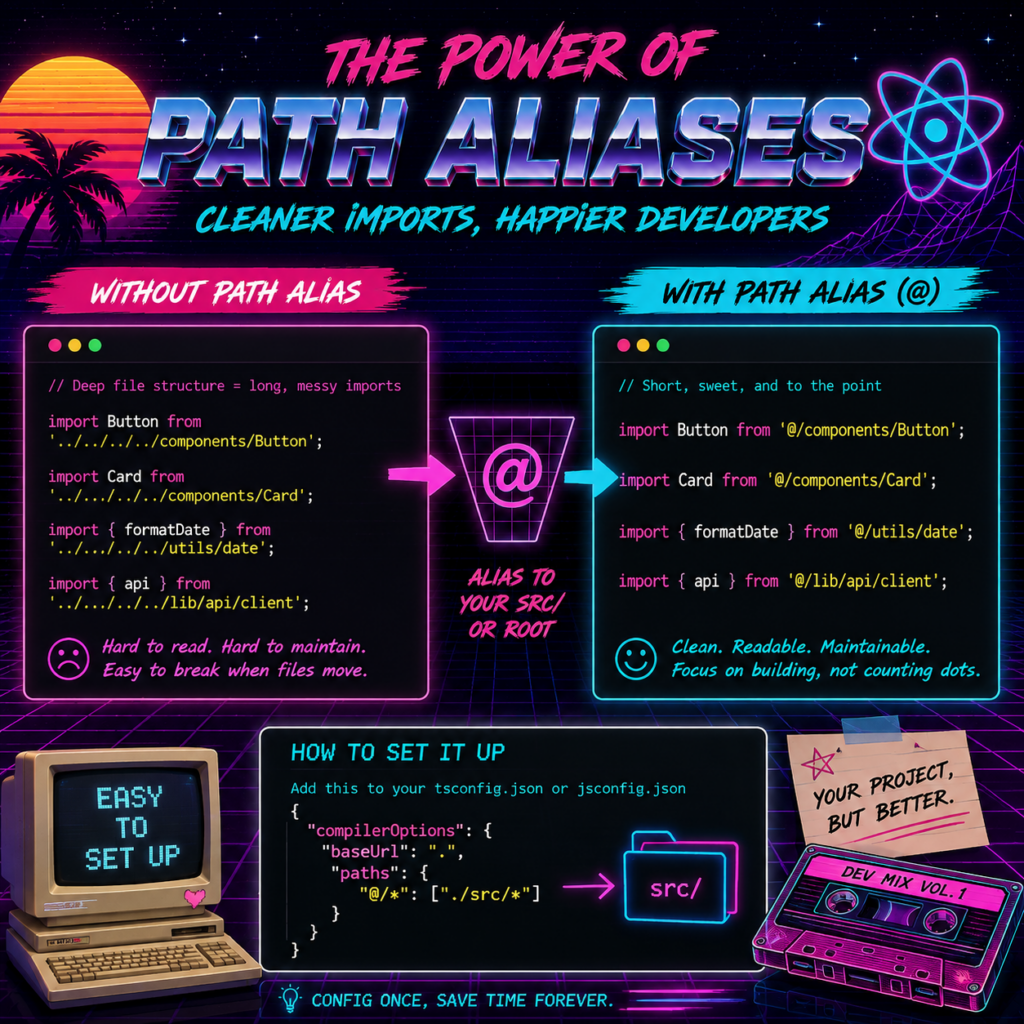 Infographic comparing React and Next.js path aliases (@) with traditional relative imports, including a visual setup example using tsconfig.json and jsconfig.json.
