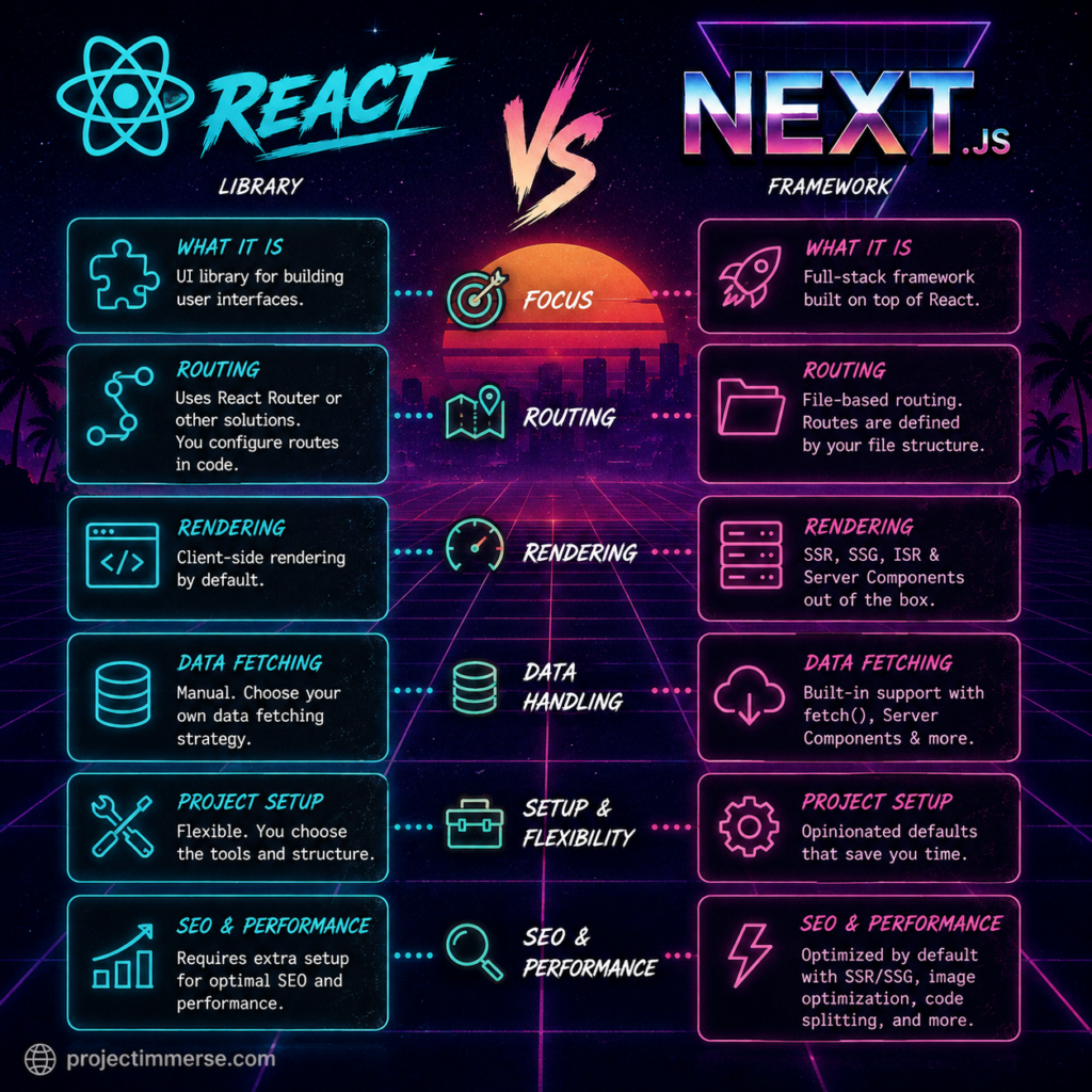 React vs. Next.js comparison infographic showing differences in routing, rendering, data fetching, project setup, SEO, and performance.