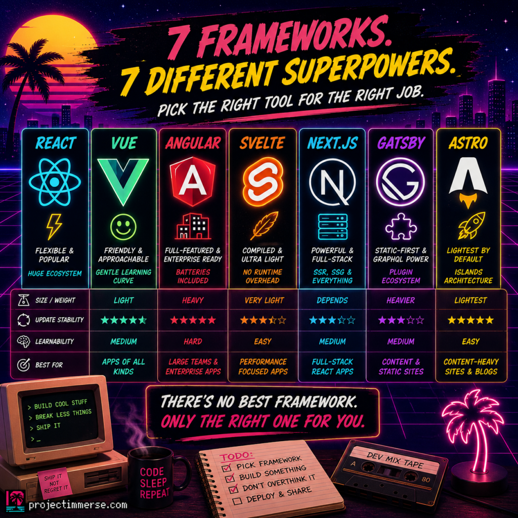 React, Vue, Angular, Svelte, Next.js, Gatsby, and Astro framework comparison infographic