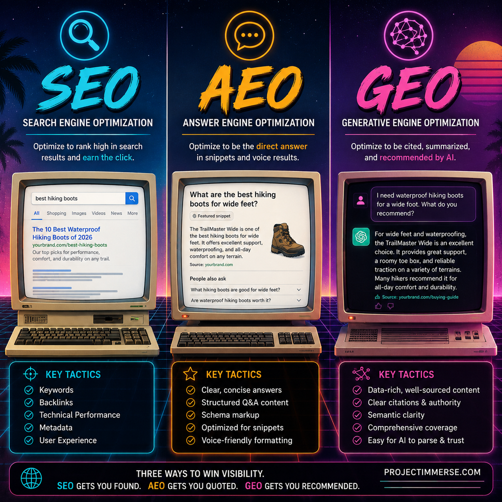 SEO vs. AEO vs. GEO infographic comparing search engine, answer engine, and generative engine optimization.