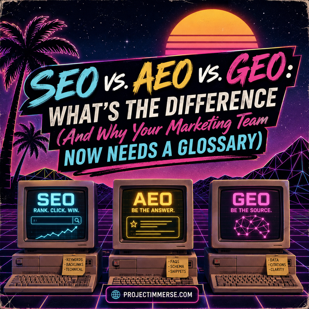 SEO vs. AEO vs. GEO comparison illustrating search engine, answer engine, and generative AI optimization.