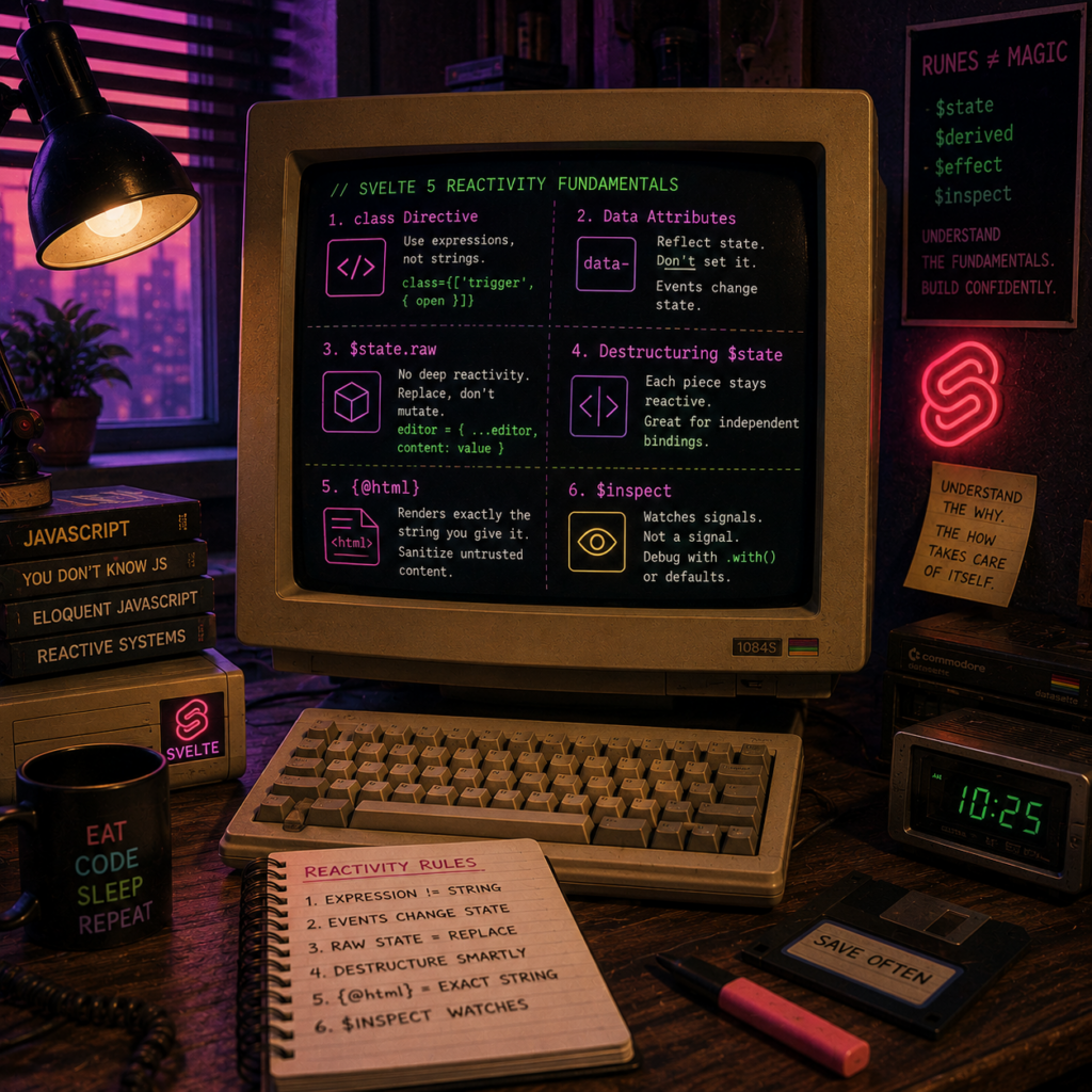 Retro computer illustrating Svelte 5 reactivity concepts including $state, $inspect, class directives, and data attributes