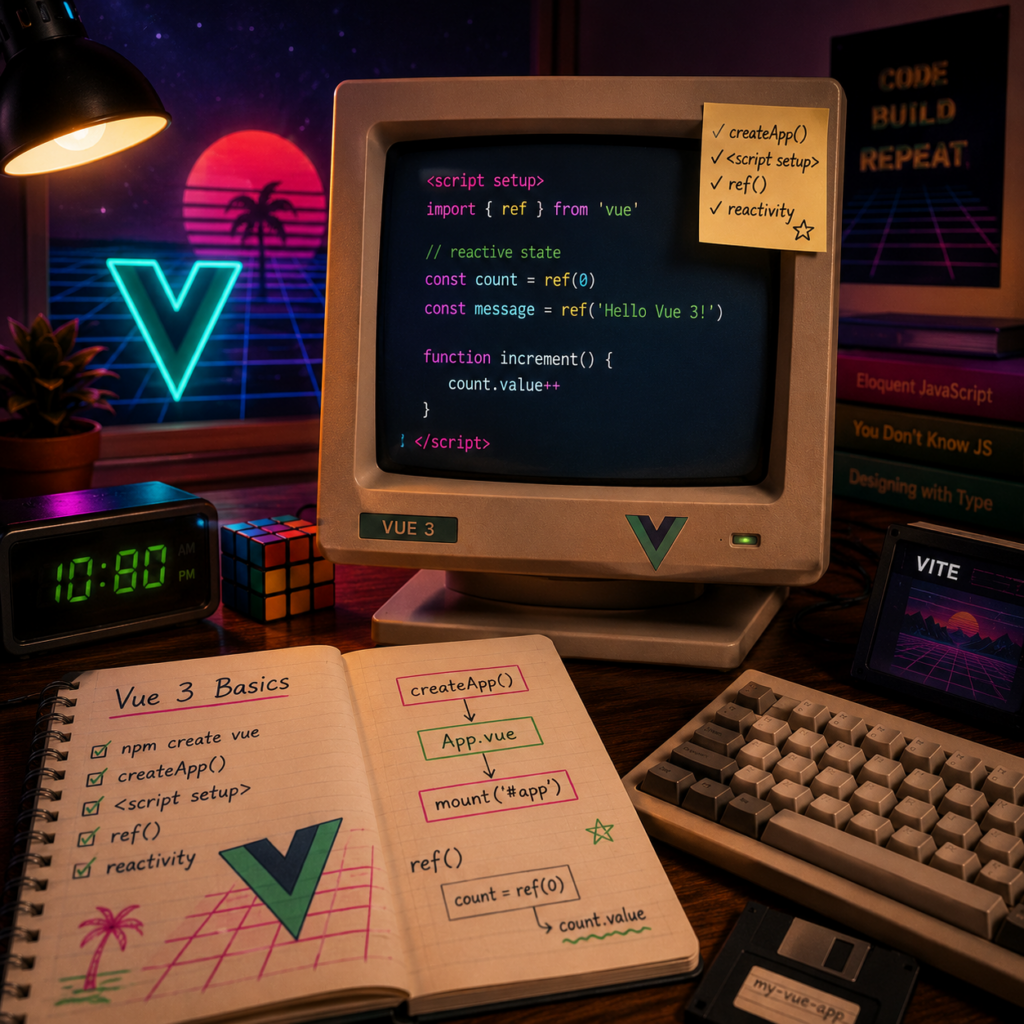 Vue 3 script setup example showing ref, reactivity, createApp, and Vue Composition API concepts