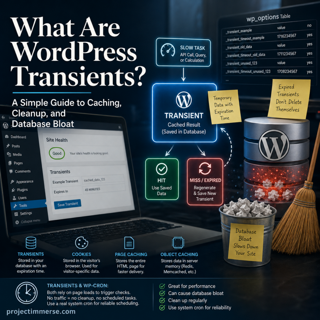 Illustration explaining WordPress transients, temporary caching, database cleanup, and how expired transients can contribute to database bloat.