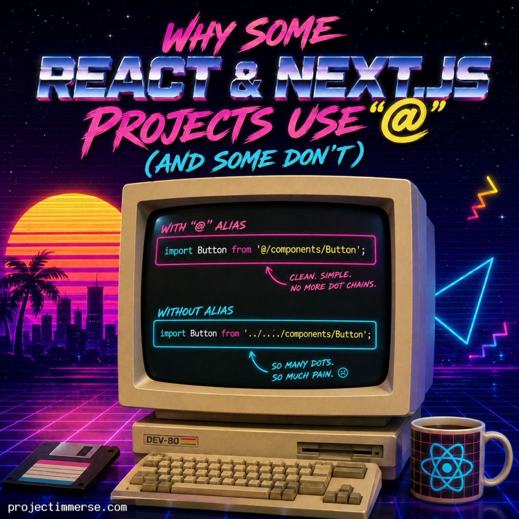 Illustration showing a React and Next.js path alias (@/) compared with traditional relative imports on a vintage CRT computer screen.